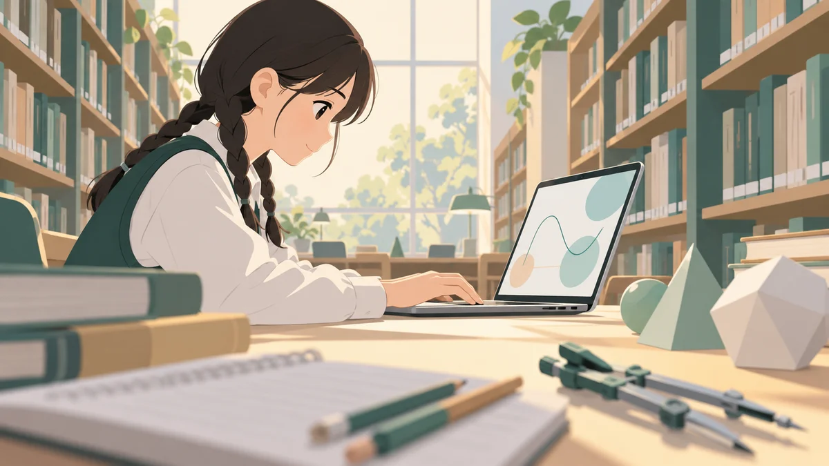 图书馆长桌前女生整理数学网页