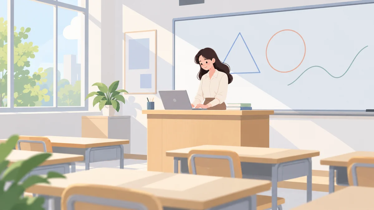 教师在讲台准备几何教学材料
